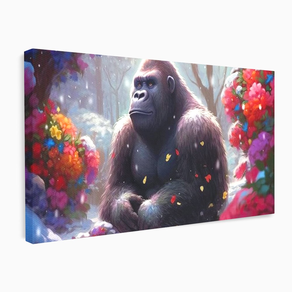 Tablou canvas cu tablou canvas cu gorila si flori, fara rama, pe sasiu de lemn